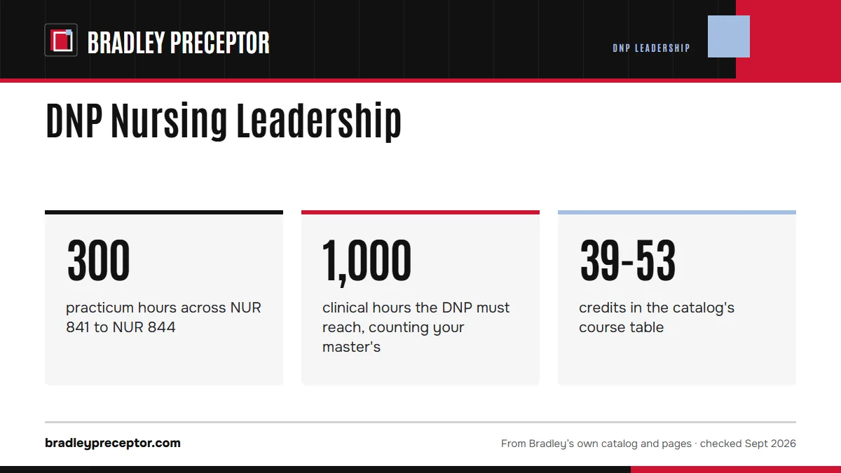 DNP Nursing Leadership. 300: practicum hours across NUR 841 to NUR 844; 1,000: clinical hours the DNP must reach, counting your master's; 39-53: credits in the catalog's course table.